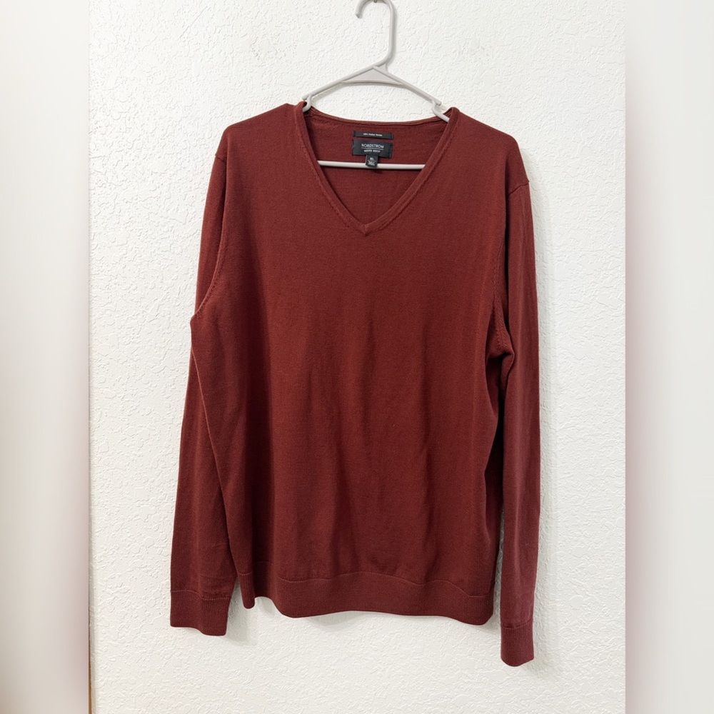 Nordstrom Men's Shop V-Neck Italian Merino Wool Sweater - Rust - XL